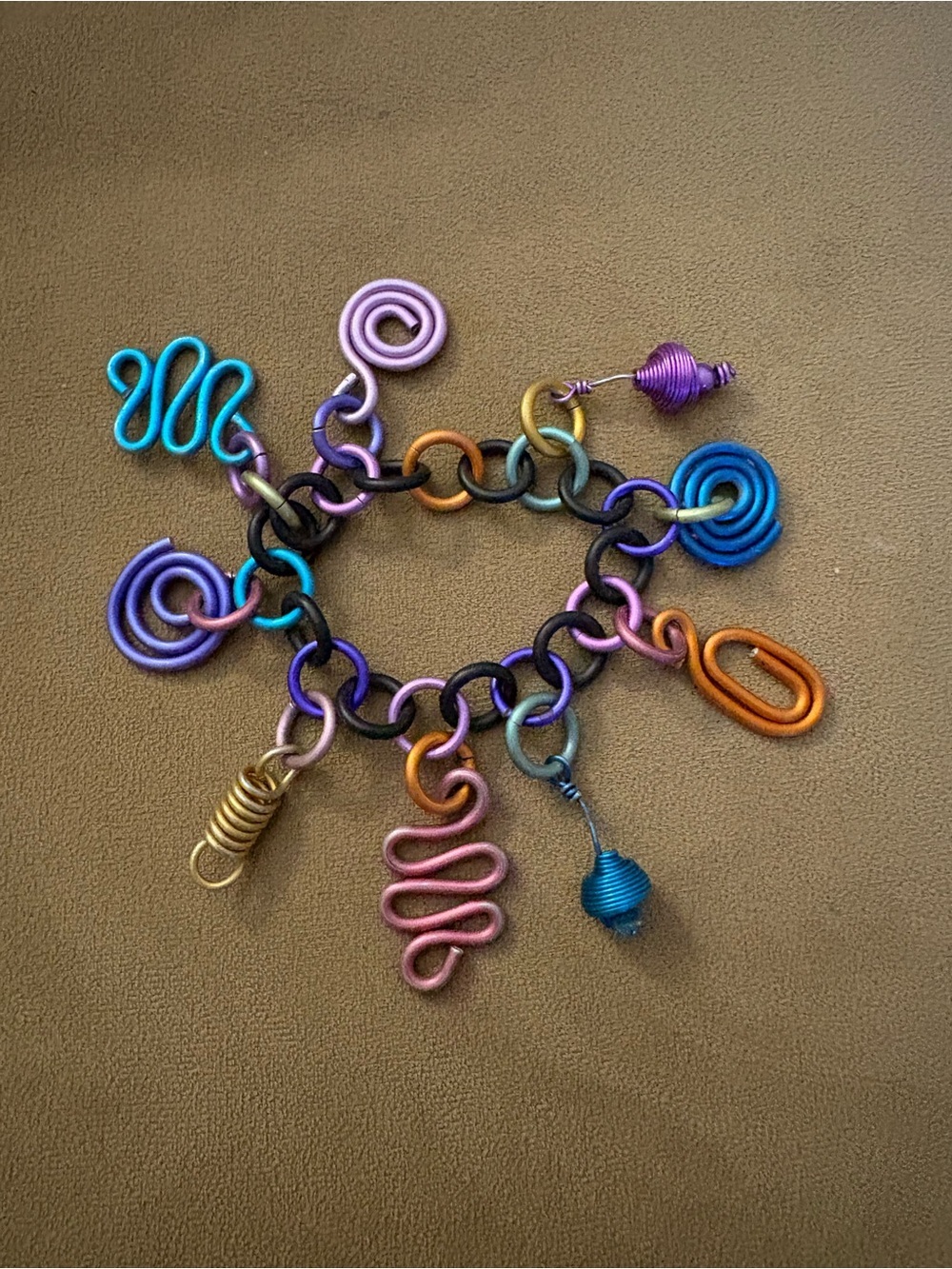 David Spada Vintage Modernist Space Age Multicolor Spiral Charm Bracelet